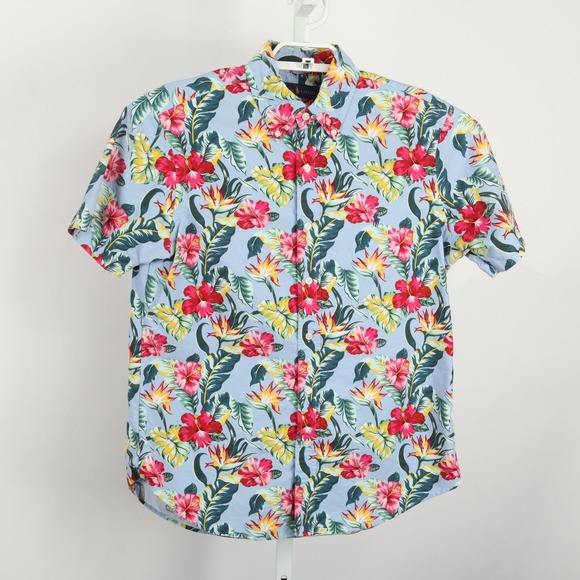 Ralph Lauren Shirt Mens Medium Blue Hawaiian Floral Short Sleeve Button Down - Picture 2 of 10